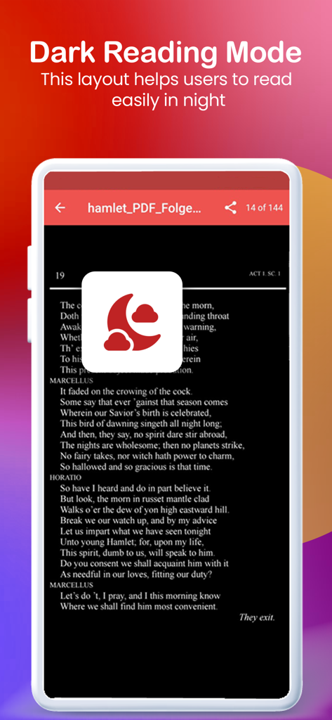 PDF Reader and PDF Viewer - Smartphone-Bildschirm zeigt die PDF Reader App mit aktiviertem Dunkelmodus für komfortables Lesen eines Dokuments bei Nacht