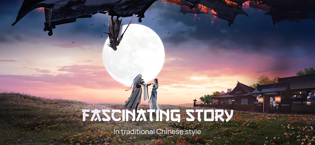 Two characters in traditional Chinese style standing in a flowery field under a large full moon