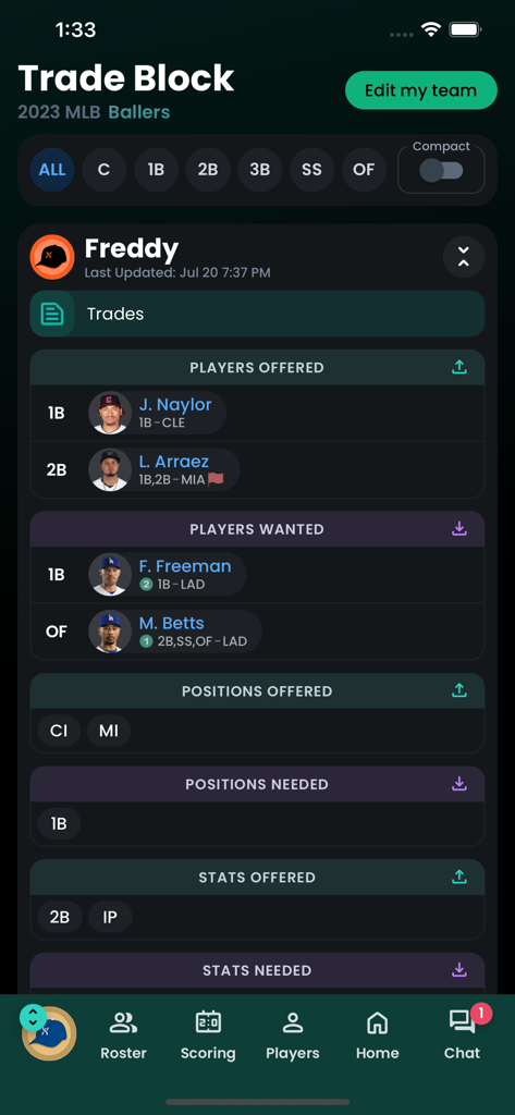 Fantrax Fantasy Sports - Interface of the Fantrax app showing the Trade Block feature for a fantasy baseball league including players offered and wanted