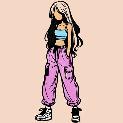 girl in baggy pants crop top and long hair