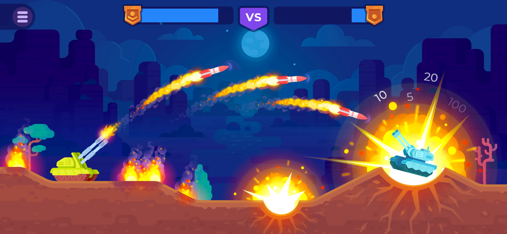 Tank Stars - Tank Starsの2D戦車バトルで、緑の戦車が複数のロケットを発射し、大きな爆発を起こしている様子