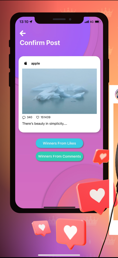 Interface of an Instagram comment picker app to select giveaway winners from likes or comments