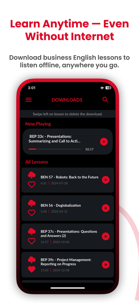 Captura de pantalla de la pantalla de descargas de la aplicación Business English by BEP que muestra lecciones disponibles para escuchar sin conexión, como presentaciones y gestión de proyectos.