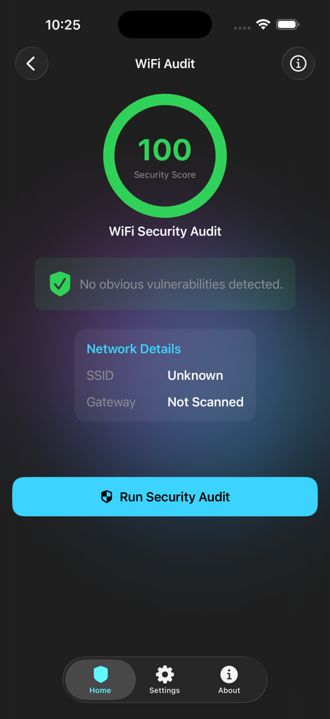 Stop Stalker - Stop Stalker app interface displaying a WiFi Security Audit result with a 100 percent security score