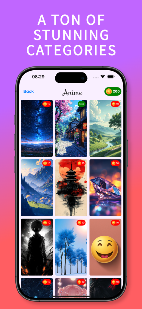 ThemePack - Icons & Wallpaper - ThemePack app showing a grid of aesthetic anime and nature wallpapers on an iPhone screen