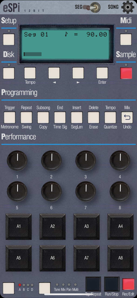 eSPi - Interfaccia dell'app eSPi che imita un campionatore vintage a 12 bit con pad di batteria e manopole