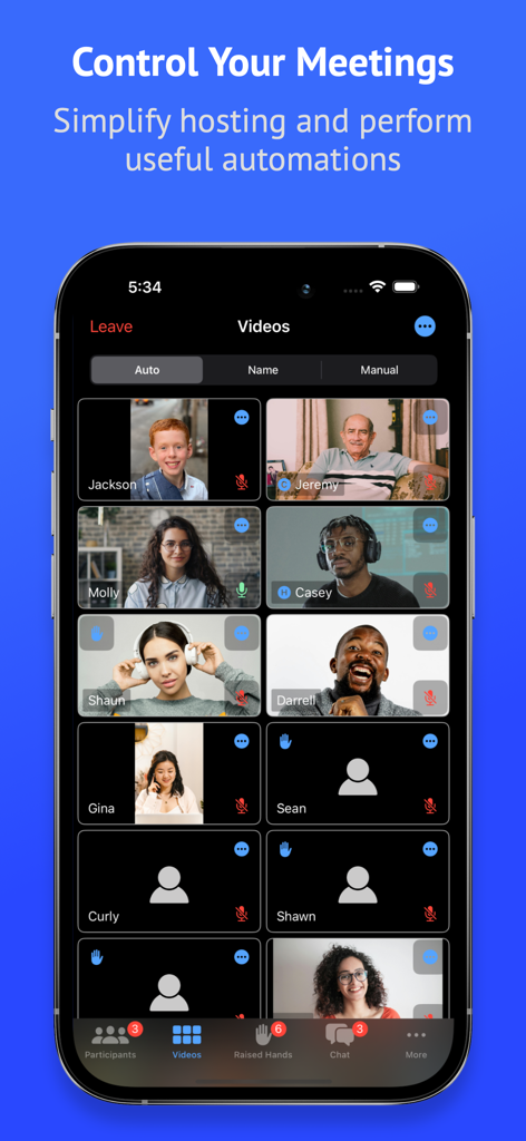 Attendant Pro for Zoom - Attendant Pro for Zoom app interface showing a video grid of meeting participants with hosting controls