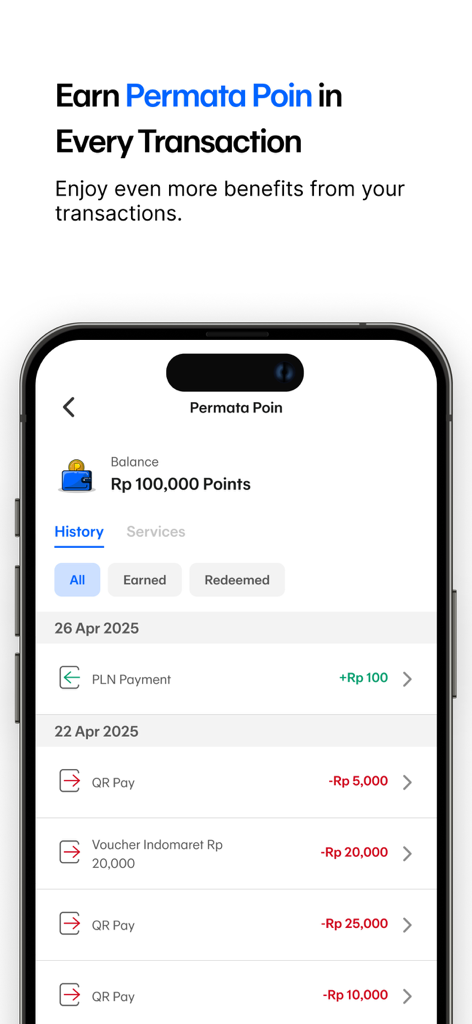 Permata ME - Permata ME app screen showing rewards points balance and transaction history for various payments.