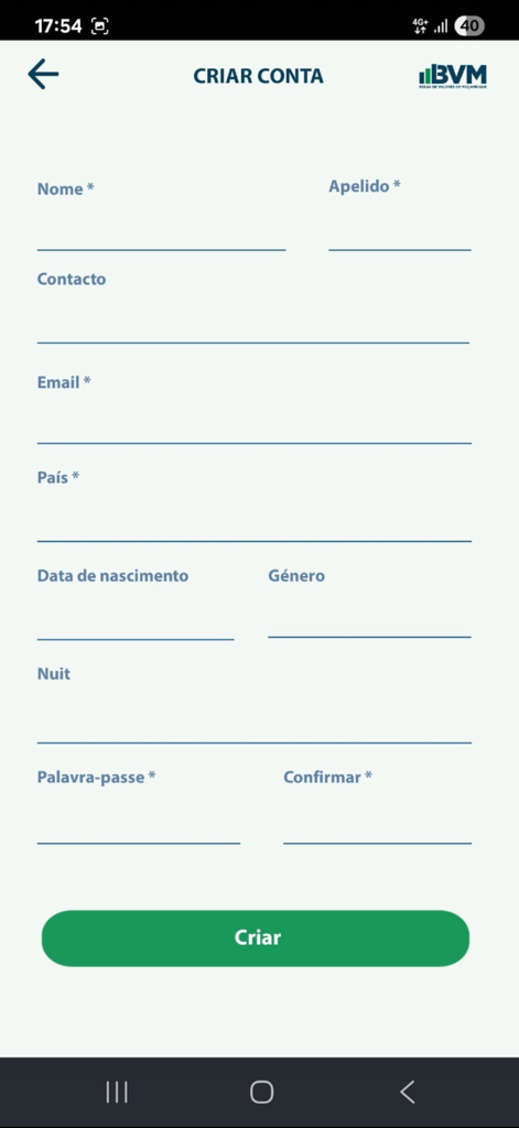 BVM Móvel - Pantalla de registro de cuenta de la aplicación BVM Movel con campos para nombre, correo electrónico y país