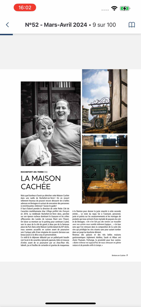 Digital magazine page showing an article about a French restaurant with photos of chefs and interior decor.