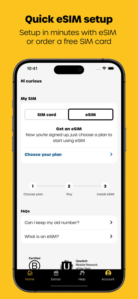 Interface de l'application giffgaff affichant le processus de configuration rapide de l'eSIM et la sélection du forfait