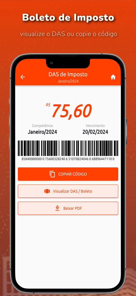 DAS MEI - Emitir Boleto MEI - Interfaz de la aplicación móvil que muestra una boleta de impuestos brasileña de MEI con código de barras de pago y botones de descarga