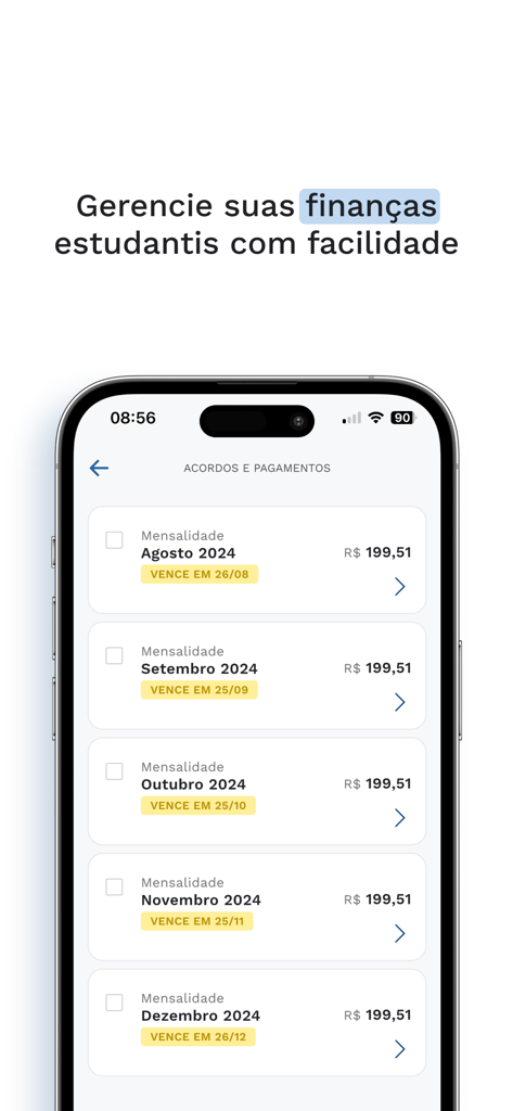 The Duda app interface showing a list of student tuition payments and monthly due dates for academic management.
