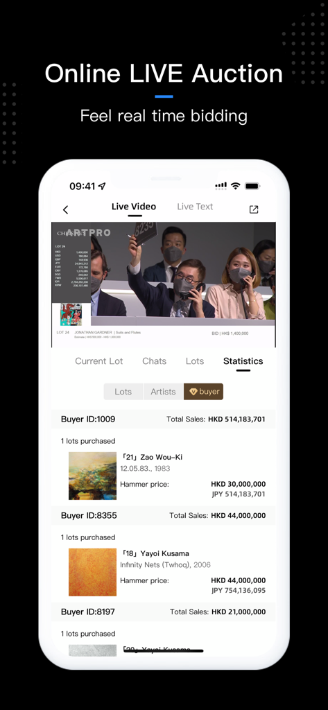 ArtPro app interface with live auction video stream and buyer bidding statistics