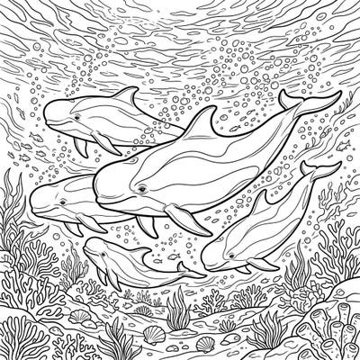 Immerse yourself in the beauty of the ocean with this intricate Pilot Whales coloring page. Featuring a pod of these intelligent marine mammals amidst a vibrant coral reef, it offers a relaxing and educational artistic escape.