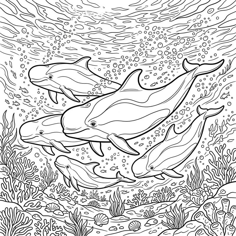 Immerse yourself in the beauty of the ocean with this intricate Pilot Whales coloring page. Featuring a pod of these intelligent marine mammals amidst a vibrant coral reef, it offers a relaxing and educational artistic escape.