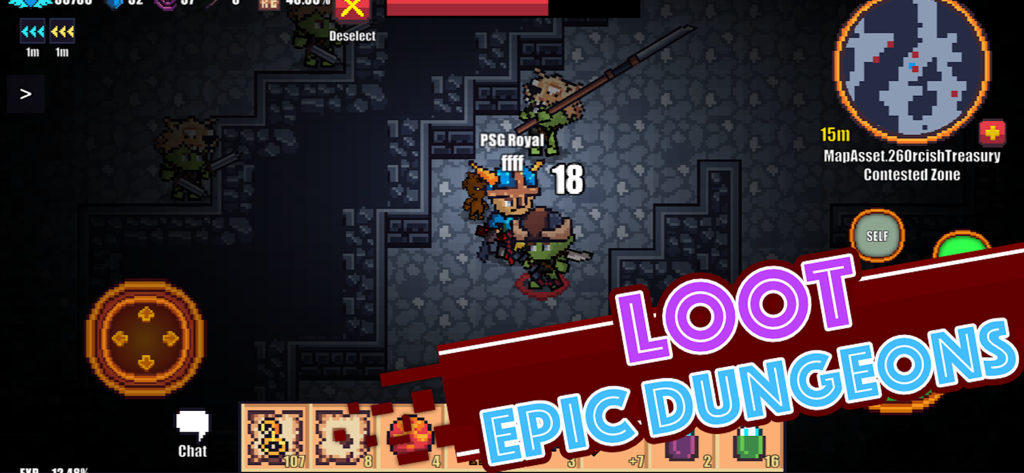 Pixel Knights Online - MMORPG - Gameplay screenshot of Pixel Knights Online showing a pixel art dungeon battle with knights and monsters