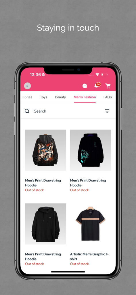 Interfaz de la aplicación de compras Wish Express Mv que muestra varias sudaderas y camisetas gráficas para hombres en la pantalla de un smartphone