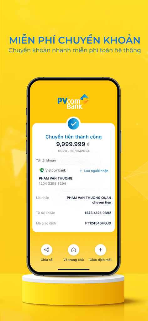 PVConnect - A successful money transfer confirmation screen on the PVConnect mobile banking app showing transaction details.