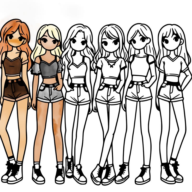 a group of girls wearing crop tops and shorts