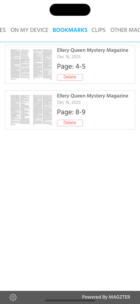 Ellery Queen Mystery Magazine - A list of saved bookmarks in the Ellery Queen Mystery Magazine app showing bookmarked pages and dates.