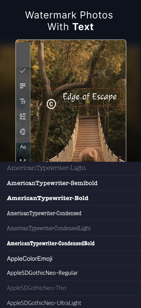 Screenshot of eZy Watermark Photos Lite app showing text watermark addition and font selection options over a forest landscape photo.