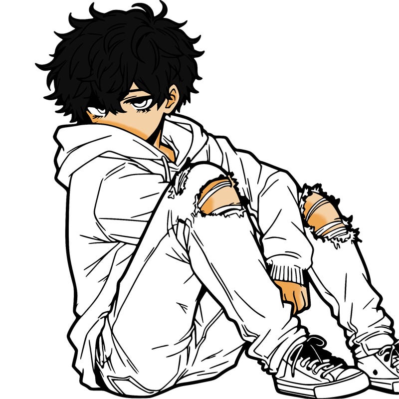 a male hoddie ripped jeans messy hair anime
