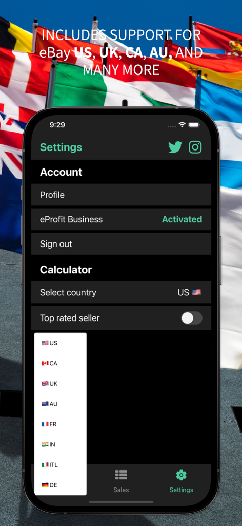 eProfit app settings screen displaying support for eBay in the US UK CA AU and other countries