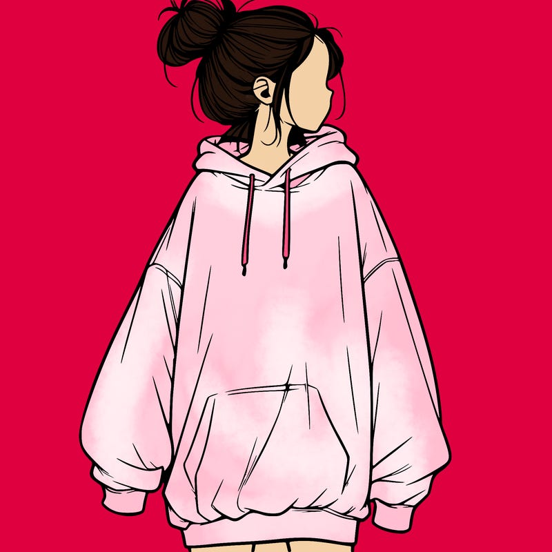 realistic girl with a oversized sweatshirt on and a bun