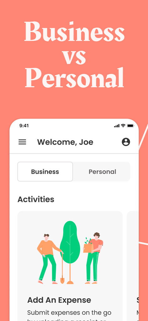 TrulySmall Business Expenses - TrulySmall mobile app interface displaying a toggle to switch between business and personal expense dashboards.