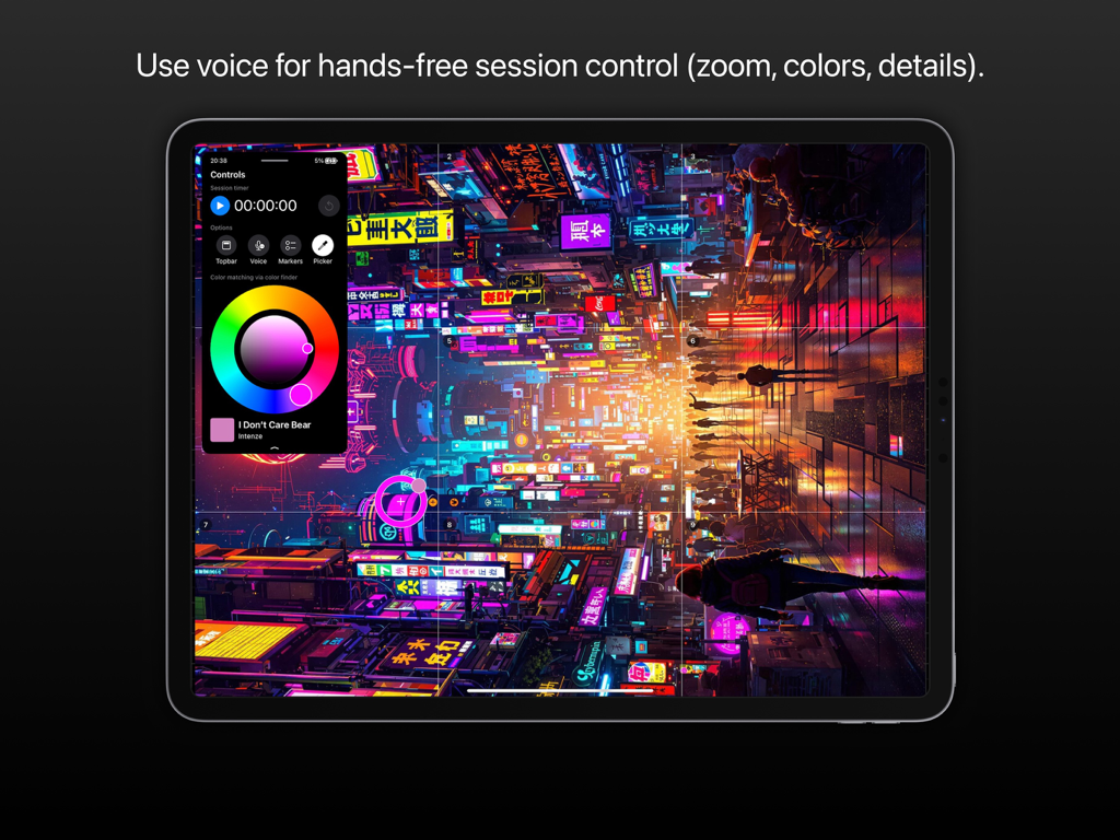 Inksquad Artist 앱의 iPad 화면에 핸즈프리 타투 시술 및 색상 매칭을 위한 음성 제어 기능이 표시됩니다.