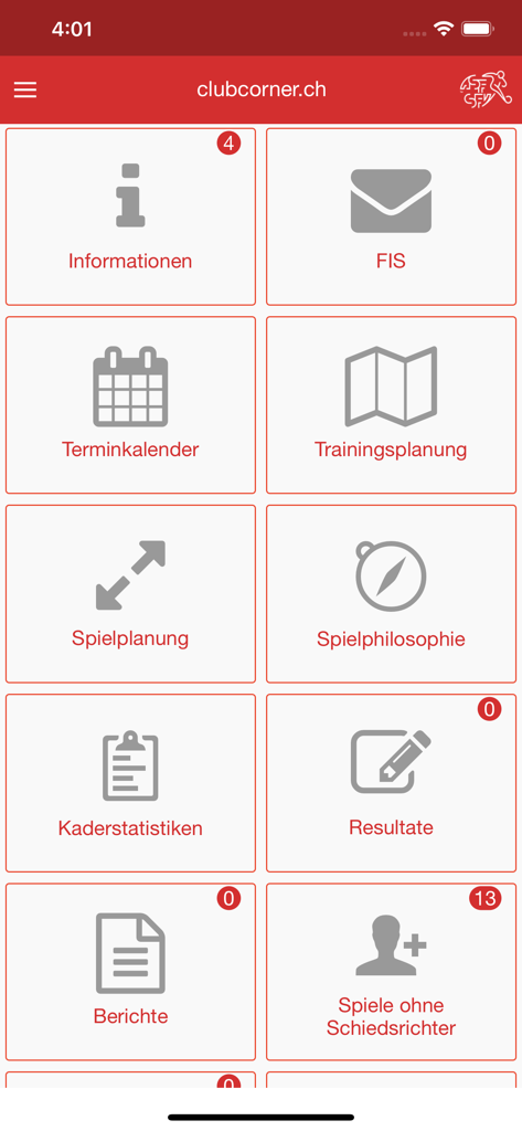 Main dashboard of the clubcorner.ch app showing various soccer management modules for the Swiss Football Association