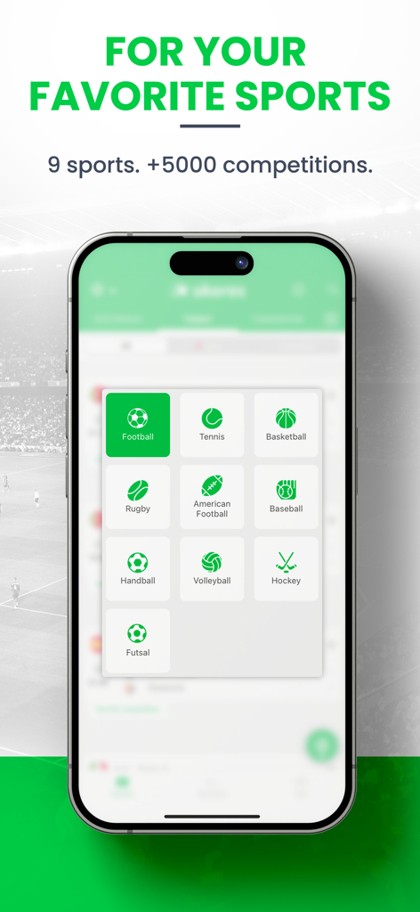 Skores - Live Scores & Results - Skores app interface showing a list of covered sports including football, tennis, and basketball with over 5000 competitions