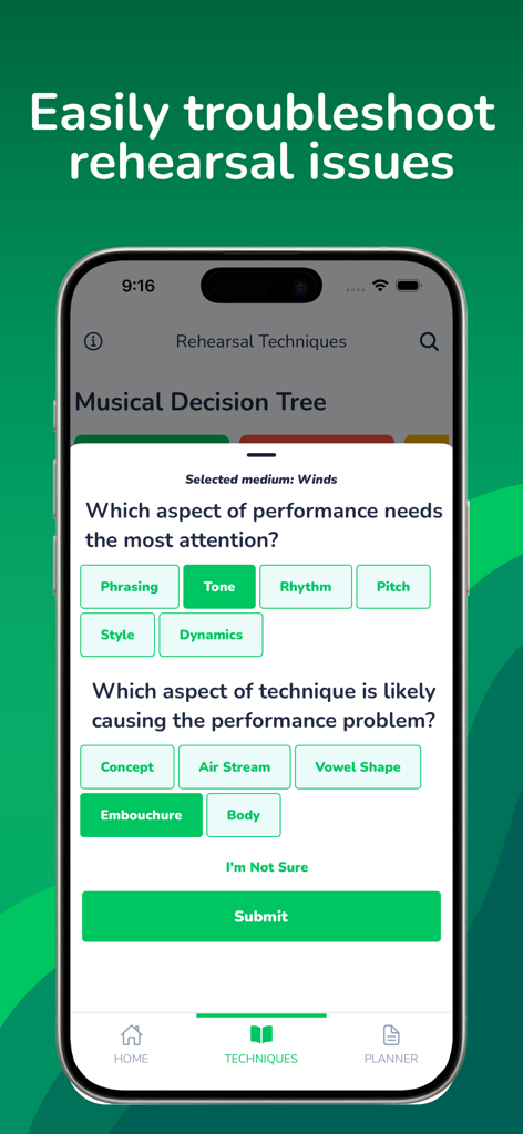 A mobile app interface showing a musical decision tree to troubleshoot rehearsal issues for wind instruments.