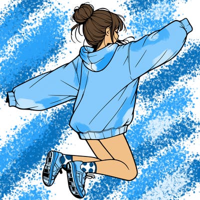 realistic girl jumping with a bun and oversized sweatshirt