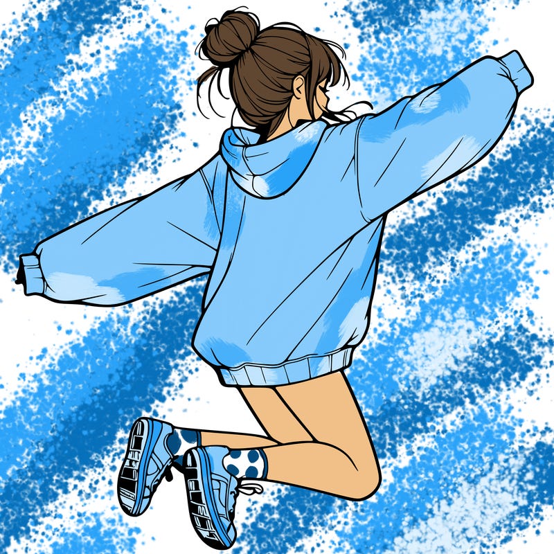 realistic girl jumping with a bun and oversized sweatshirt