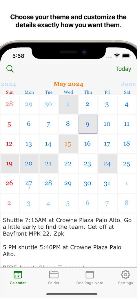 Daily Notes Planner 3 - Daily Notes Planner 3 interface showing a monthly calendar view with daily text logs