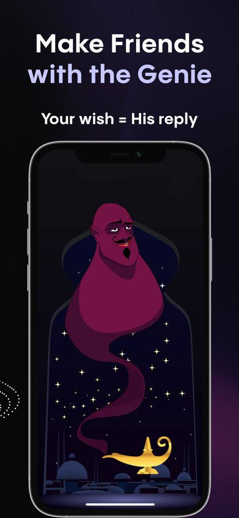 Faladdin: Tarot & Horoscopes - Faladdinアプリの画面に、テキスト「Make Friends with the Genie」と共に金のランプから現れる紫色の魔人