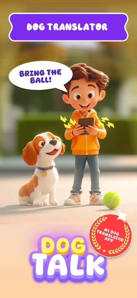 DogTalk: Dog Translator & Game - Animated boy and dog using the DogTalk translator app to communicate