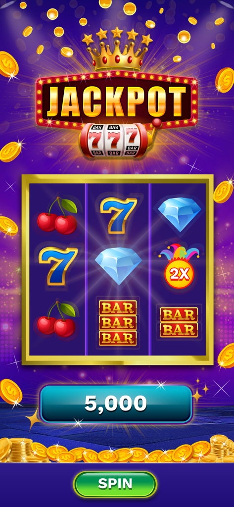 Real Casino Slots - Big Win - Vegas style slot machine interface with jackpot display and spin button