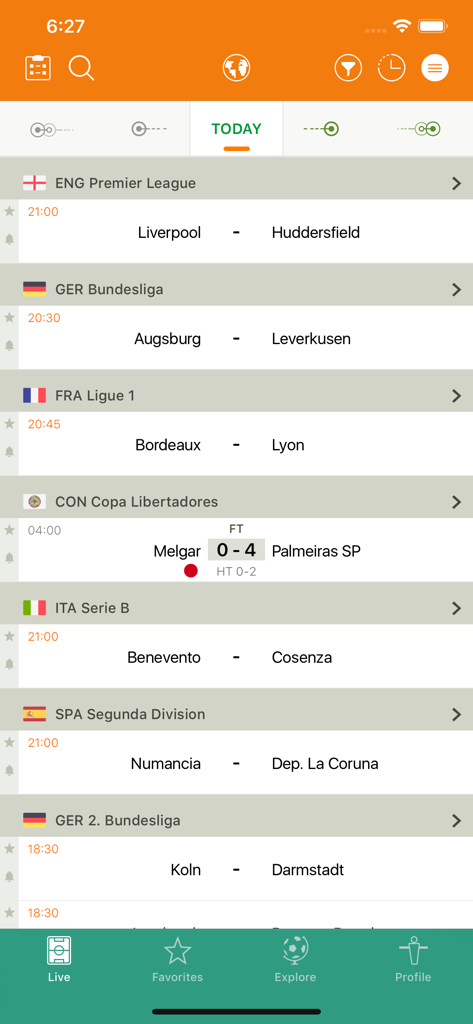 Futbol24 soccer livescore app - Futbol24 mobile app interface displaying a list of soccer matches and live scores from international leagues.