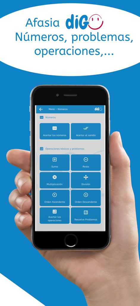 AFASIA diGO - Una mano sosteniendo un smartphone mostrando el menú de ejercicios de matemáticas y números en la app AFASIA diGO para logopedia.