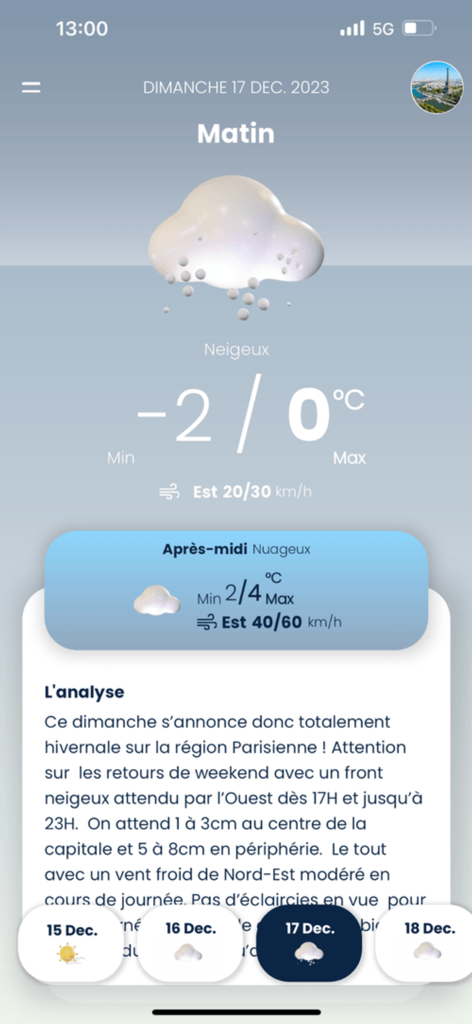 Prévi+ - Interface détaillée des prévisions météo sur l'application Previ Plus montrant l'analyse quotidienne d'un expert et les plages de température