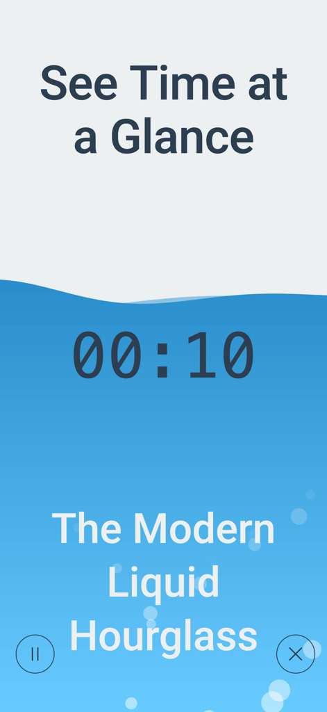 Countdown Timer Aqua Hourglass - Visual countdown timer app with blue liquid hourglass effect showing ten seconds remaining