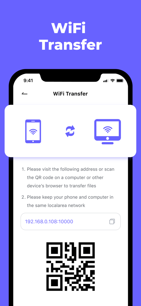 Unzip - Zip Files Extractor - WiFi Transfer screen in the Unzip app showing instructions and a QR code to sync files with a computer