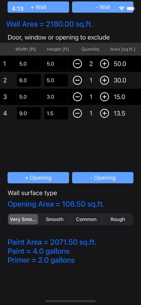 A mobile app screen calculating required paint and primer gallons after excluding door and window areas.