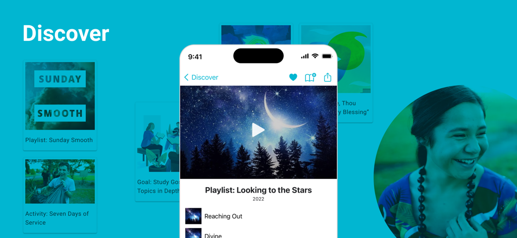 Discover feed in the Gospel Living app showing inspirational playlists and service activities
