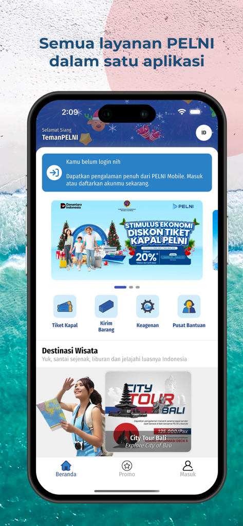 PELNI - Écran d'accueil de l'application mobile PELNI montrant la réservation de billets de bateau et les options de destination de voyage pour l'Indonésie
