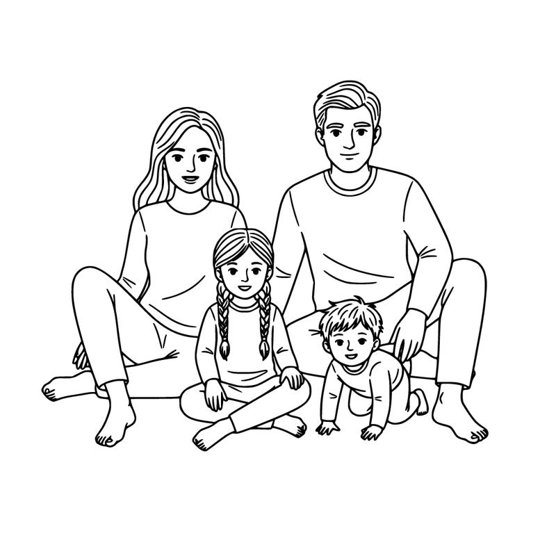 a mom and a dad, their daughter and their son their daughter are on five years old and her hair is braided. their son is around six months old and his hair is shaggy and cute. the daughter is wearing a long sleeve shirt and long pants. everyone is barefoot. everyone is wearing long sleeves and long pants.