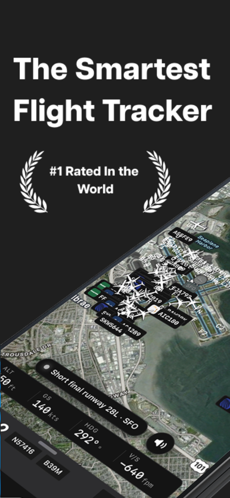 FlightDeck - Flight Tracker - FlightDeck app interface showing live flight tracking map with aircraft silhouettes and technical data